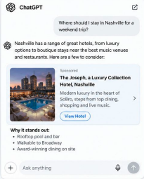 A sponsored hotel recommendation shown inside a ChatGPT conversation